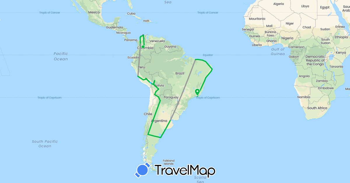TravelMap itinerary: driving, bus, plane, hiking, boat in Argentina, Bolivia, Brazil, Colombia, Peru (South America)